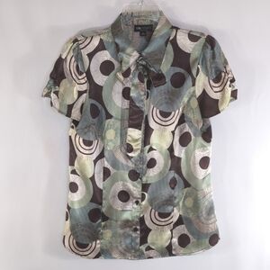 I.N. Studio Brown Blue Green Short Sleeve Neck Tie Blouse Size LP